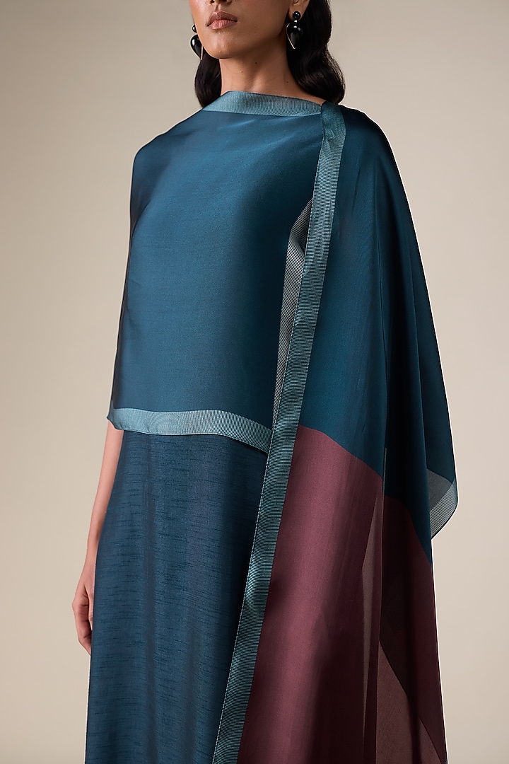 Dark Smokey Blue & Burnt Red Satin Organza Scarf by AMPM at Pernia's Pop Up Shop