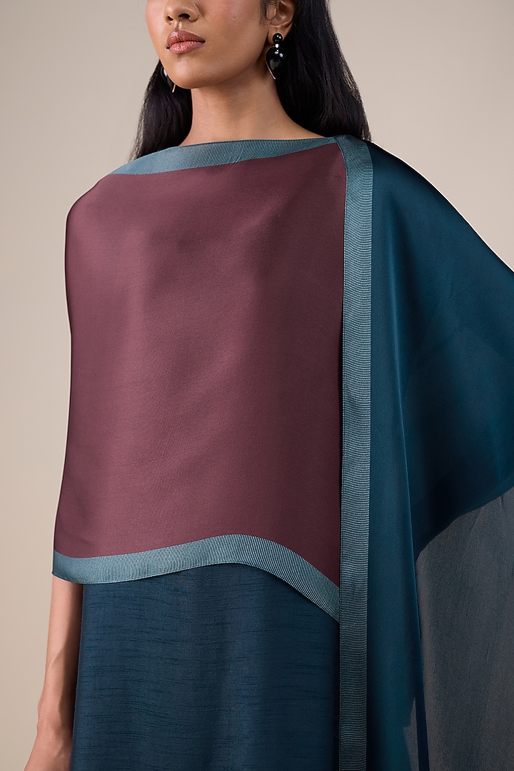 Dark Smokey Blue & Burnt Red Satin Organza Scarf by AMPM at Pernia's Pop Up Shop