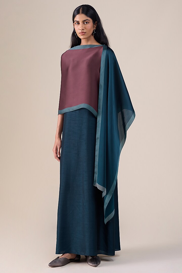 Dark Smokey Blue & Burnt Red Satin Organza Scarf by AMPM at Pernia's Pop Up Shop