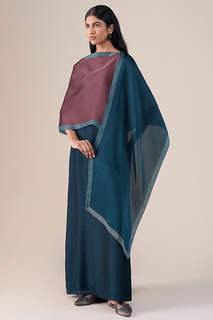 Dark Smokey Blue & Burnt Red Satin Organza Scarf by AMPM at Pernia's Pop Up Shop