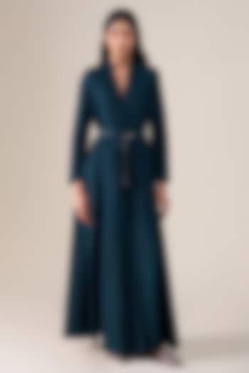 Dark Blue Raw Silk Embellished Jacket Set by AMPM at Pernia's Pop Up Shop