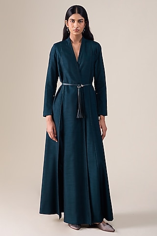 Dark Blue Raw Silk Embellished Jacket Set by AMPM