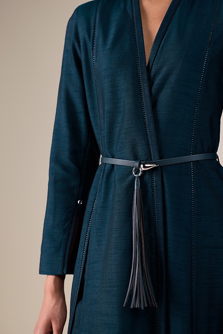 Dark Blue Raw Silk Embellished Jacket Set by AMPM at Pernia's Pop Up Shop