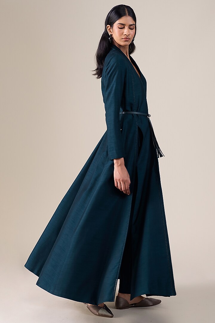 Dark Blue Raw Silk Embellished Jacket Set by AMPM at Pernia's Pop Up Shop
