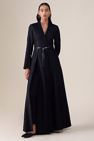 Black Raw Silk Embellished Jacket Set by AMPM