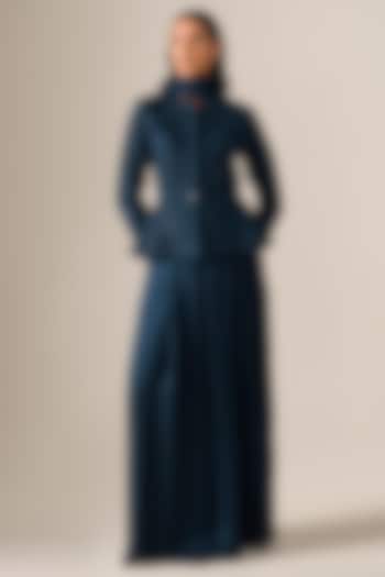 Dark Blue Silk Blend Resham Embroidered Jacket Set by AMPM at Pernia's Pop Up Shop