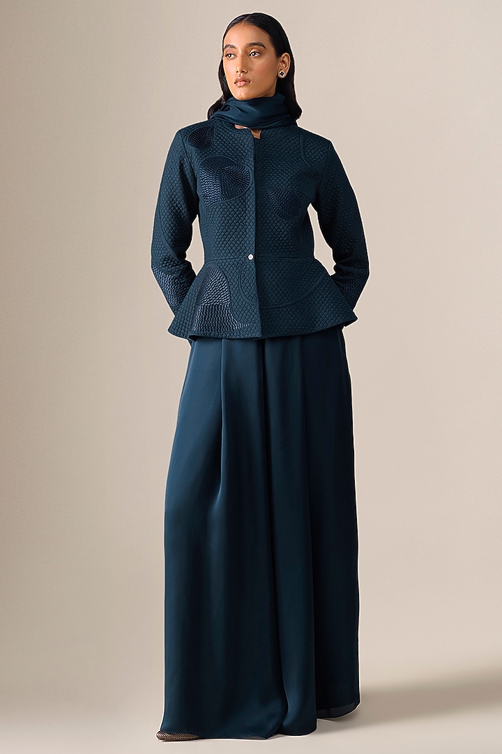 Dark Blue Silk Blend Resham Embroidered Jacket Set by AMPM at Pernia's Pop Up Shop