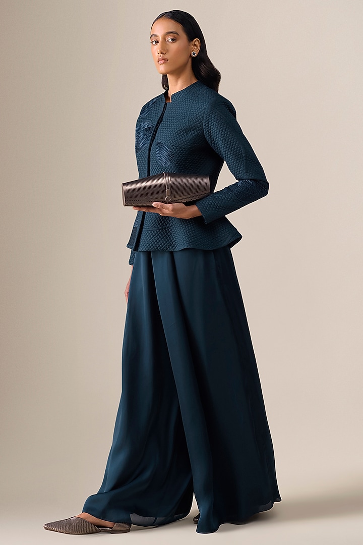 Dark Blue Silk Blend Resham Embroidered Jacket Set by AMPM at Pernia's Pop Up Shop