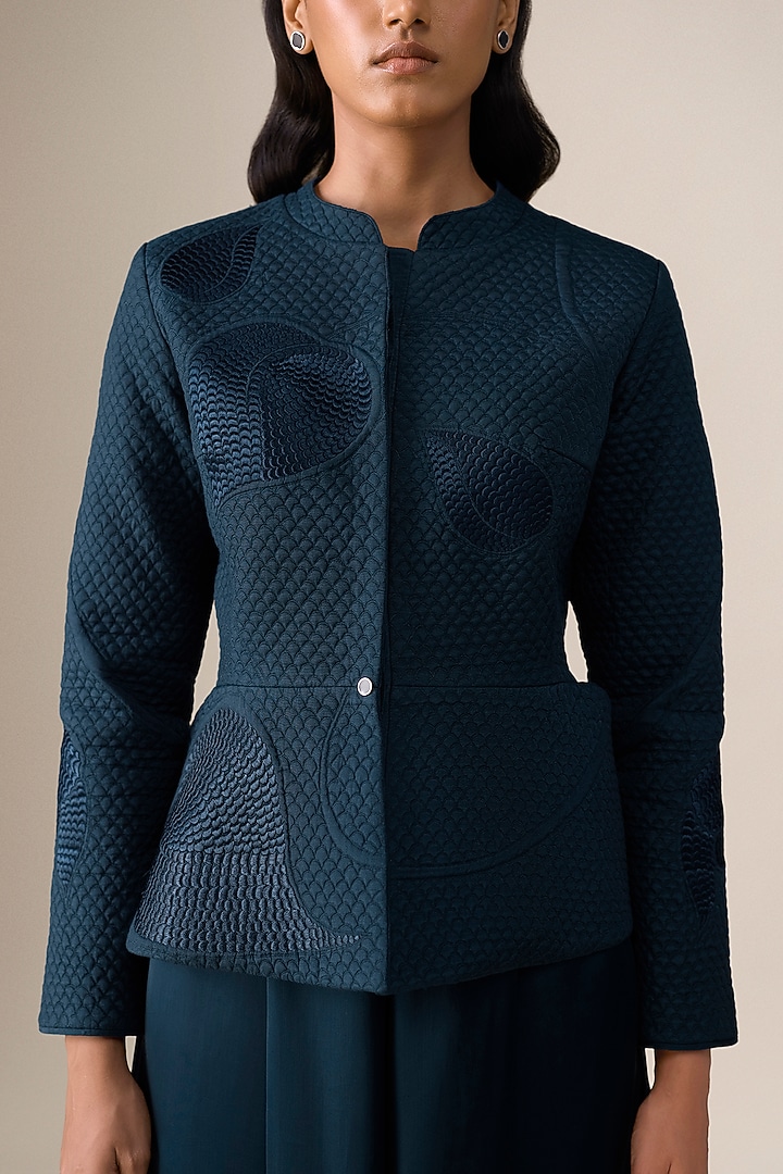 Dark Blue Silk Blend Resham Embroidered Jacket Set by AMPM at Pernia's Pop Up Shop