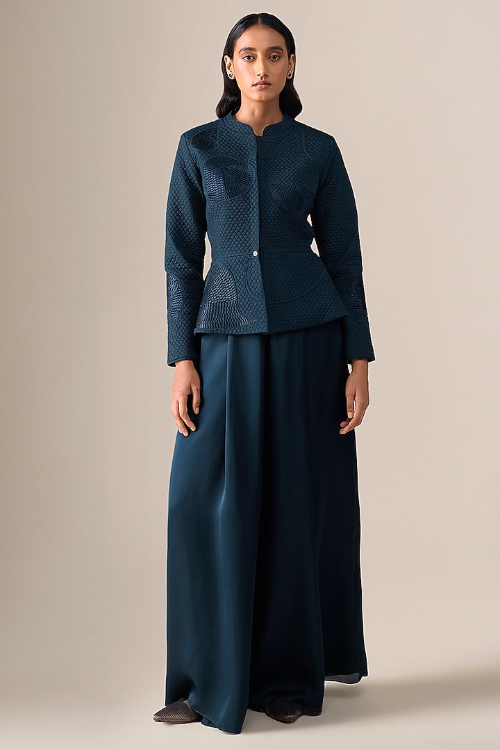 Dark Blue Silk Blend Resham Embroidered Jacket Set by AMPM at Pernia's Pop Up Shop