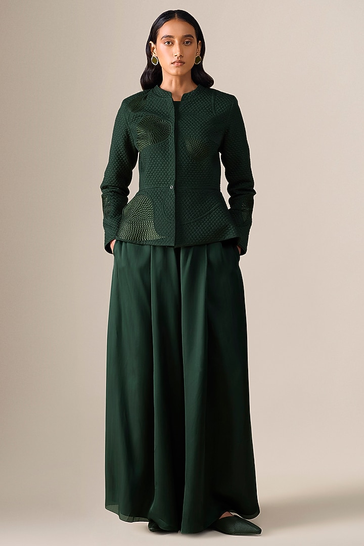 Forest Green Silk Blend Resham Embroidered Jacket Set by AMPM at Pernia's Pop Up Shop