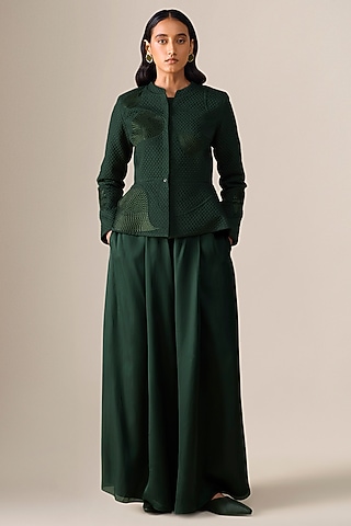 Forest Green Silk Blend Resham Embroidered Jacket Set by AMPM