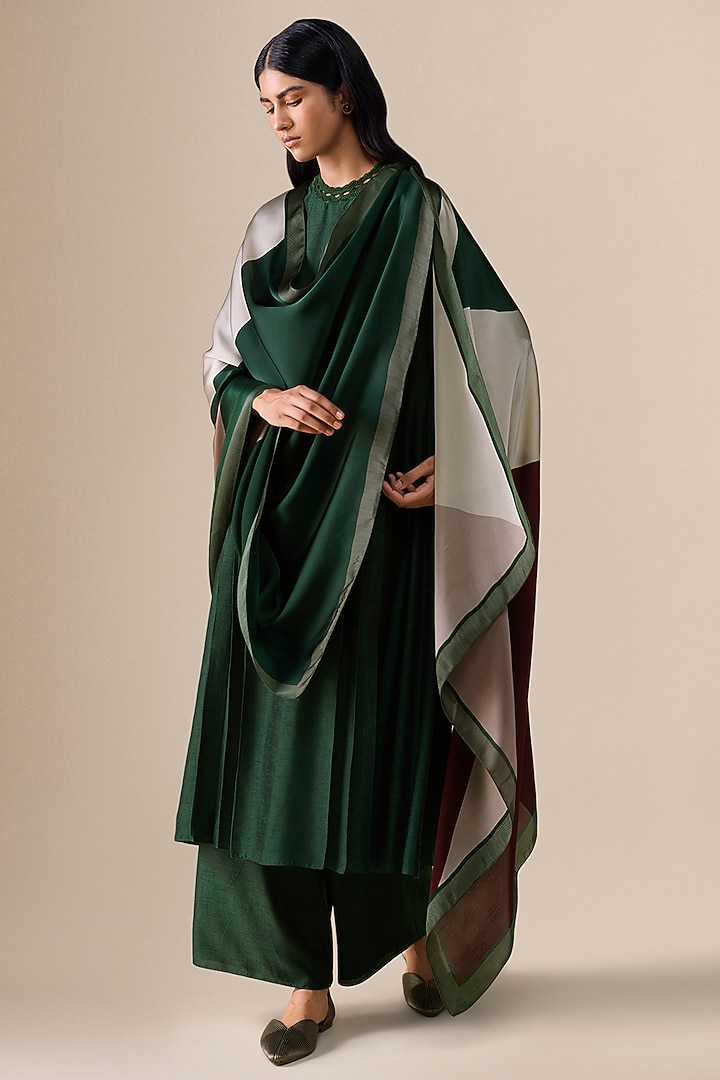 Dark Green Raw Silk Embellished Kurta Set by AMPM at Pernia's Pop Up Shop