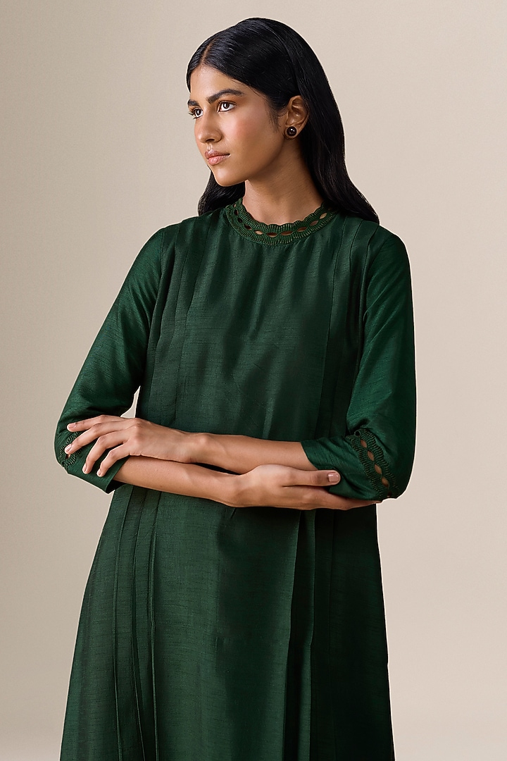 Dark Green Raw Silk Embellished Kurta Set by AMPM at Pernia's Pop Up Shop