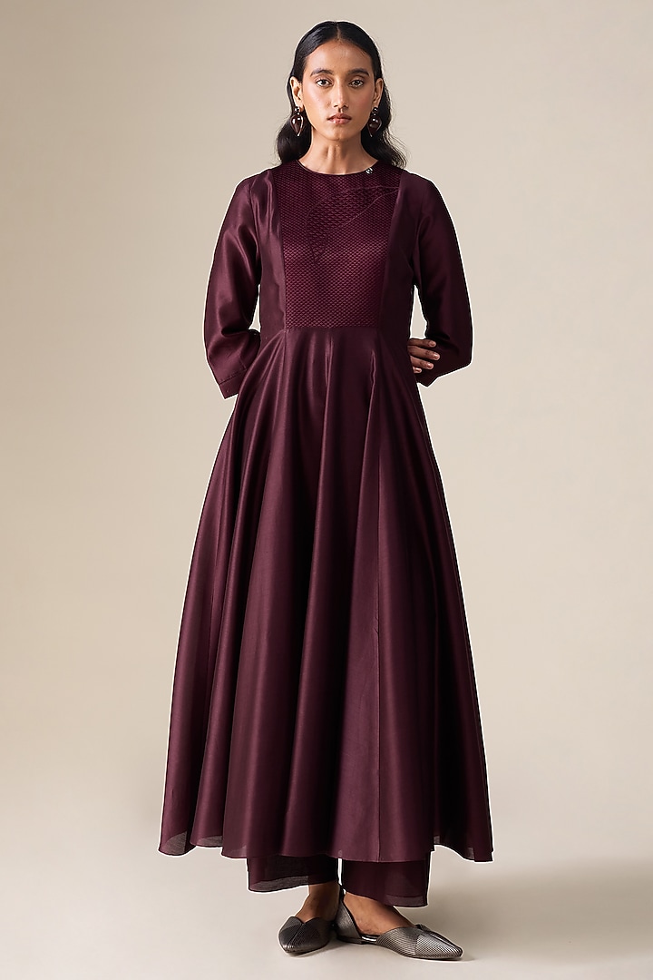 Wine-Red Cotton Silk Embroidered Kurta Set by AMPM at Pernia's Pop Up Shop