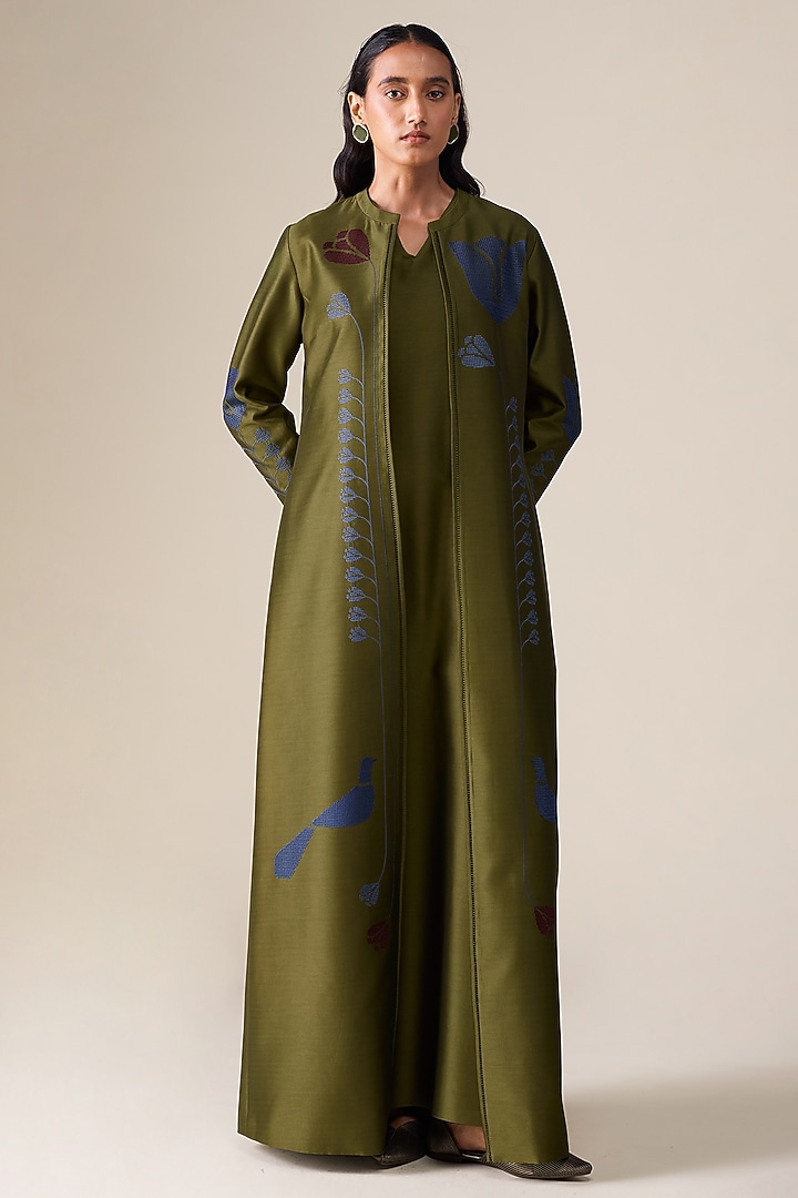 Olive Green Chanderi Abaya Set by AMPM at Pernia's Pop Up Shop