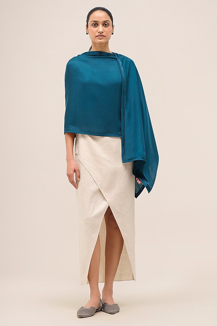 Stormy Navy Silk Resham Embroidered Scarf by AMPM at Pernia's Pop Up Shop