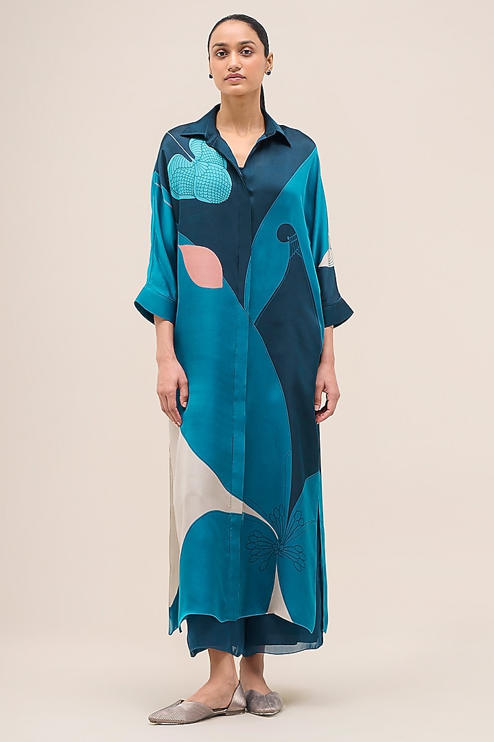 Navy Satin Organza Printed Tunic Set by AMPM at Pernia's Pop Up Shop