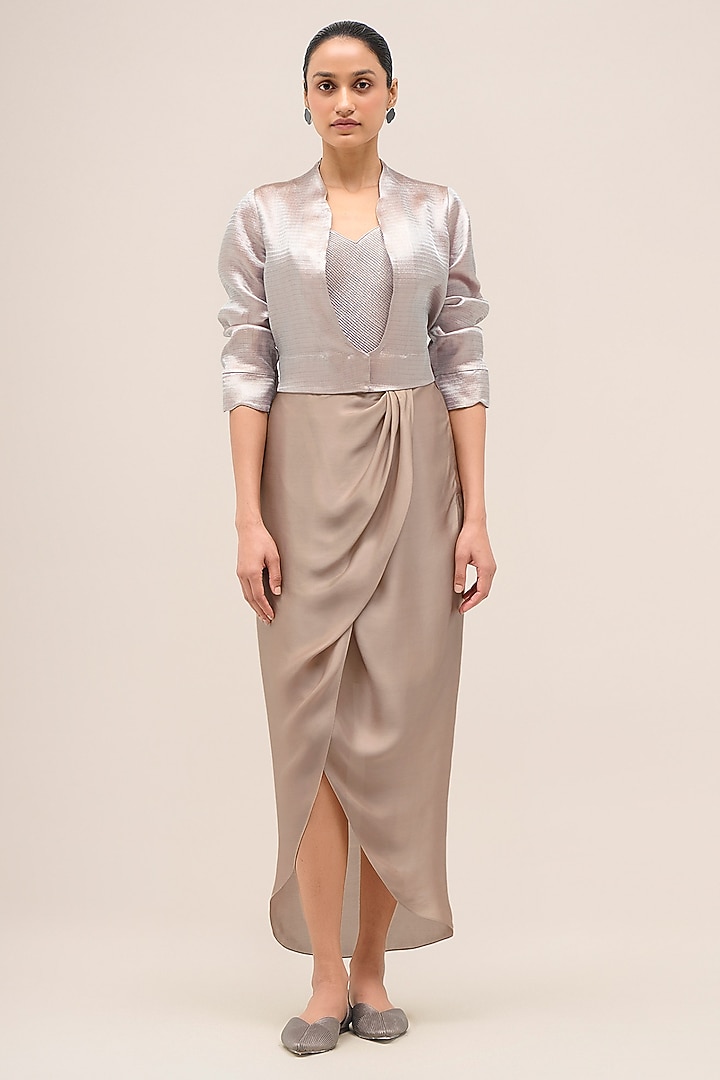 Silver Metallic Fabric Draped Skirt Set by AMPM at Pernia's Pop Up Shop