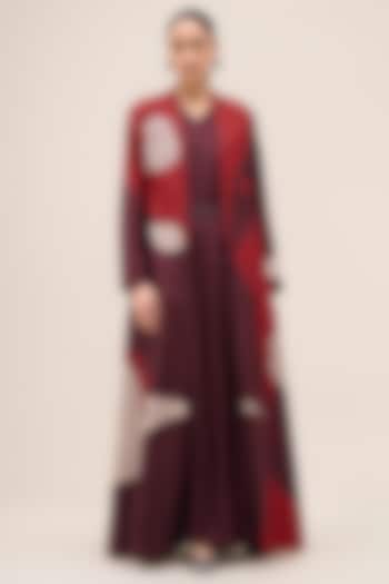 Burgundy Silk Printed & Floral Motifs Abaya Jacket Set by AMPM at Pernia's Pop Up Shop