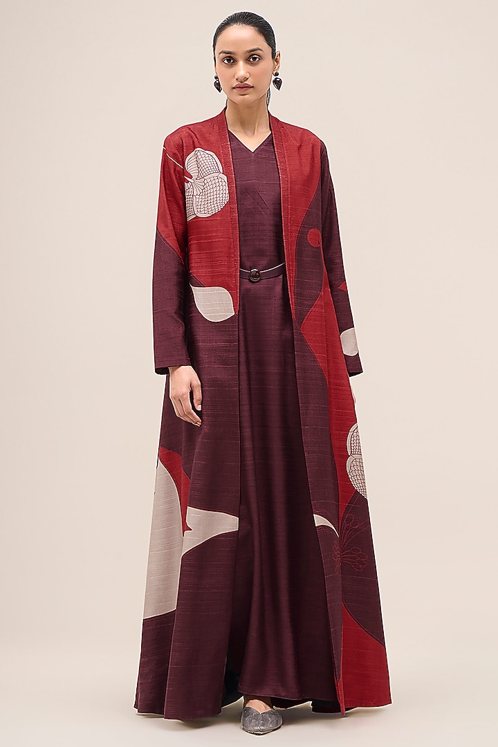 Burgundy Silk Printed & Floral Motifs Abaya Jacket Set by AMPM at Pernia's Pop Up Shop