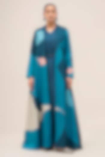 Navy Silk Printed & Floral Motifs Abaya Jacket Set by AMPM at Pernia's Pop Up Shop