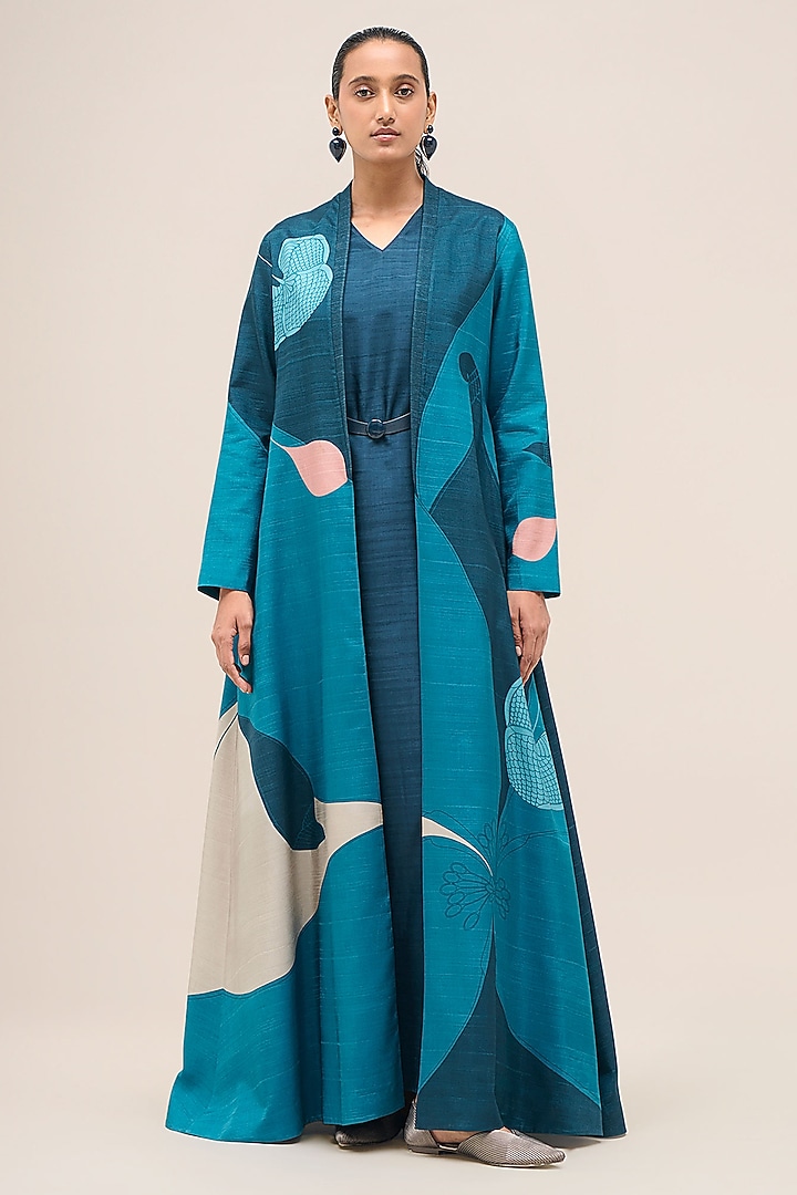 Navy Silk Printed & Floral Motifs Abaya Jacket Set by AMPM at Pernia's Pop Up Shop