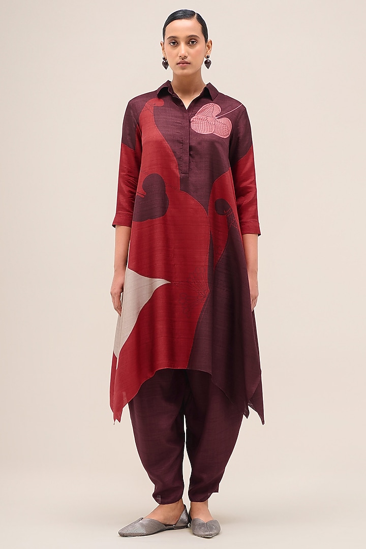 Burgundy Silk Printed Handkerchief Tunic Set by AMPM at Pernia's Pop Up Shop