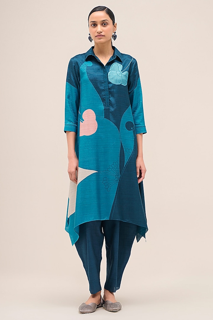 Navy Silk Printed Handkerchief Tunic Set by AMPM at Pernia's Pop Up Shop