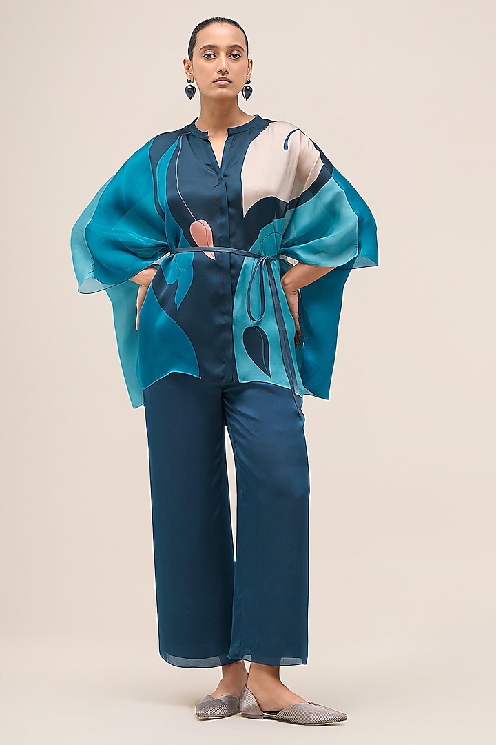 Navy Satin Organza Printed Co-Ord Set by AMPM at Pernia's Pop Up Shop