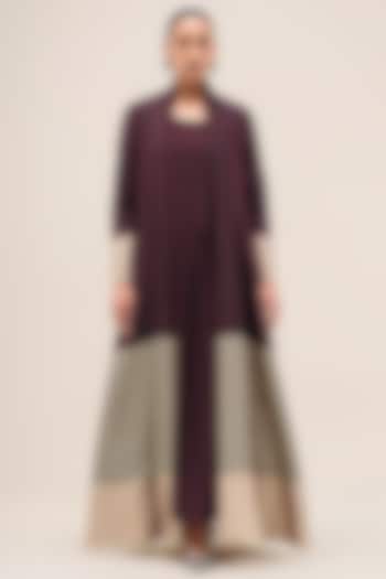Burgundy Chanderi Printed Jacket Party Wear Dress by AMPM at Pernia's Pop Up Shop