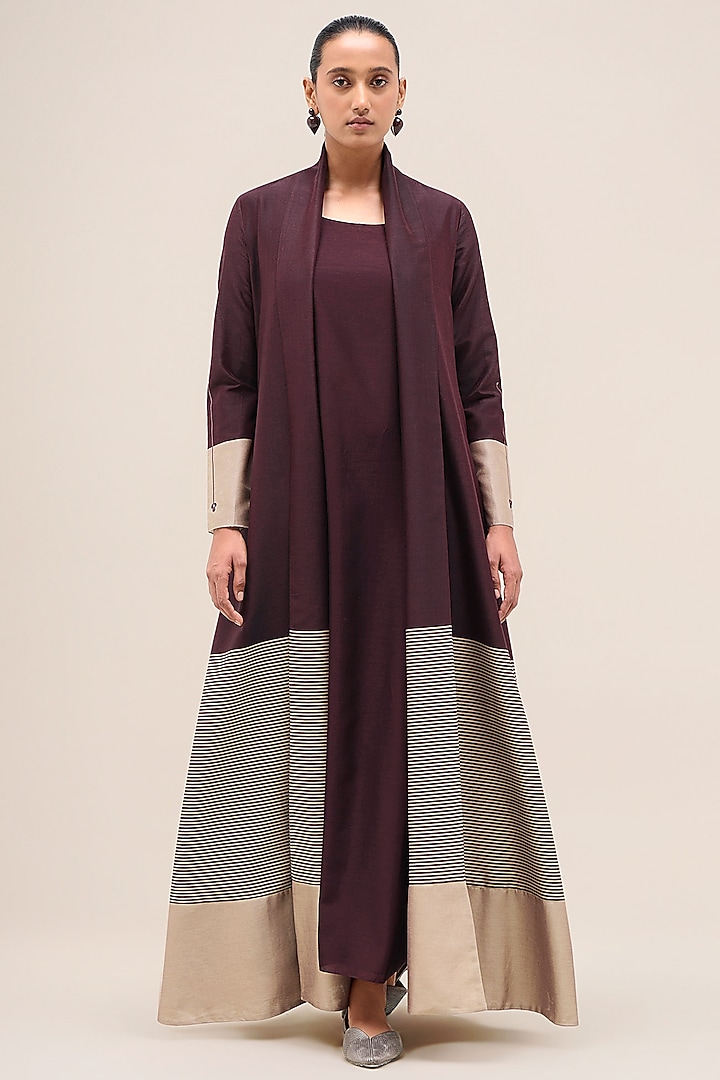 Burgundy Chanderi Printed Jacket Party Wear Dress by AMPM at Pernia's Pop Up Shop