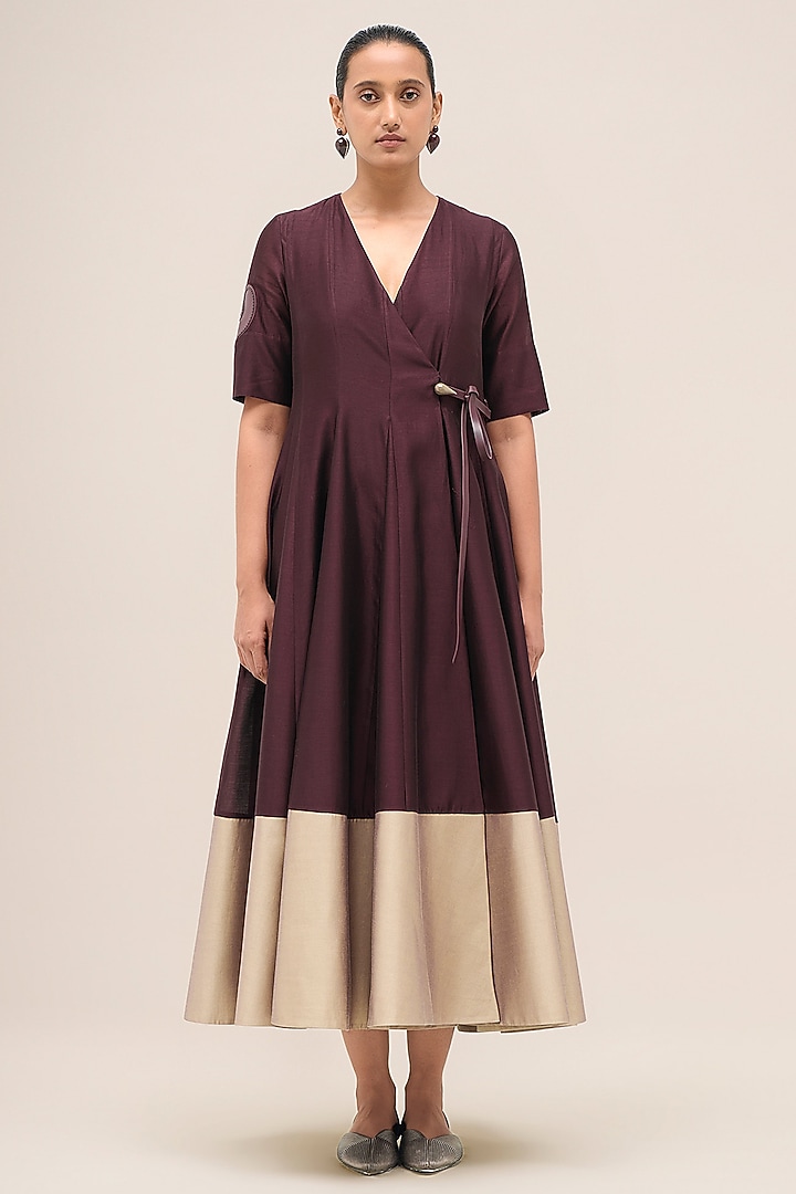 Burgundy Chanderi Flared Cocktail Dress by AMPM at Pernia's Pop Up Shop