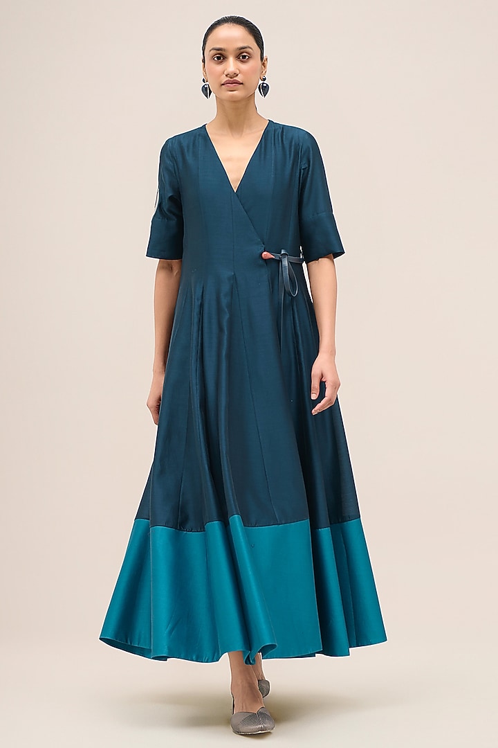 Navy Chanderi Flared Cocktail Dress by AMPM at Pernia's Pop Up Shop