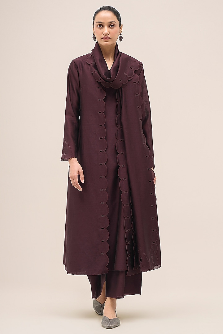 Burgundy Chanderi Embroidered Jacket Set by AMPM at Pernia's Pop Up Shop