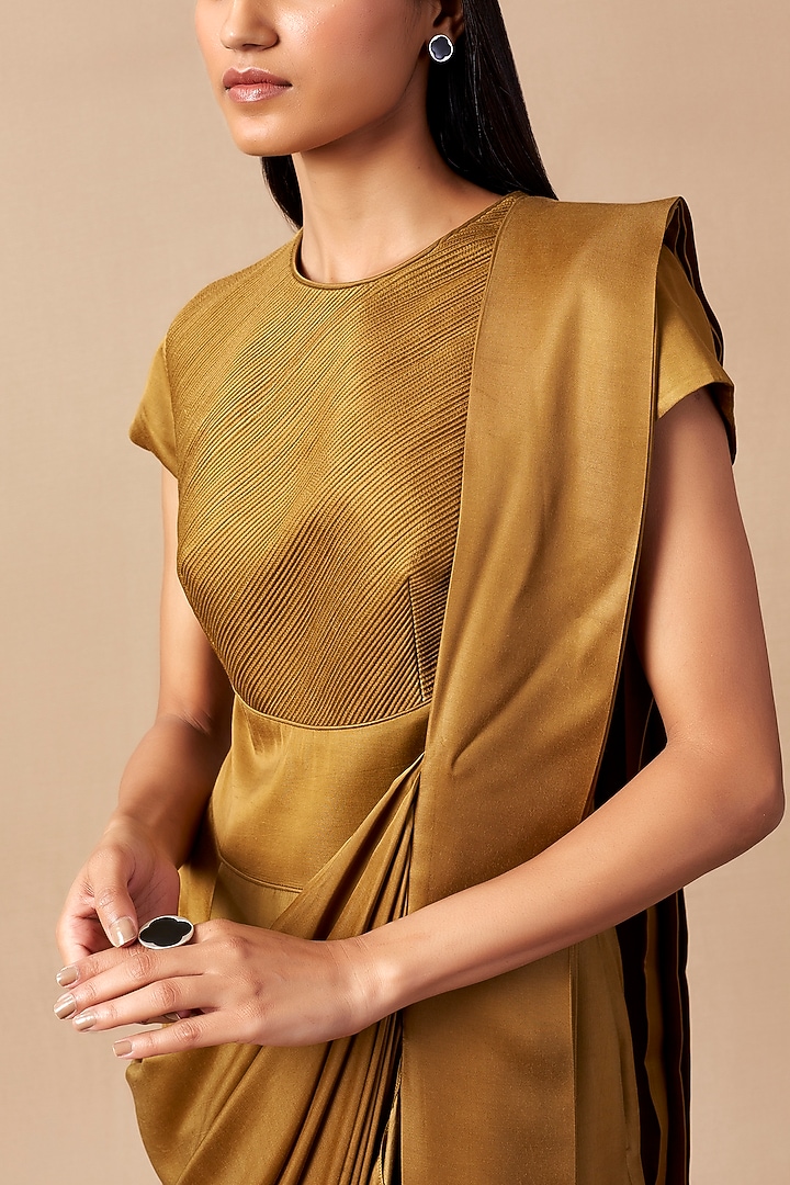 Camel Embroidered Pre-Draped Wedding Saree Set by AMPM at Pernia's Pop Up Shop