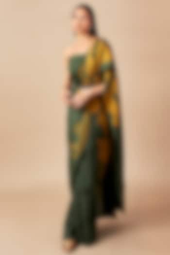 Green Silk Printed Pre-Draped Saree Set by AMPM