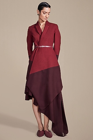 Maroon Woolen Embossed Embroidered Jacket Set by AMPM