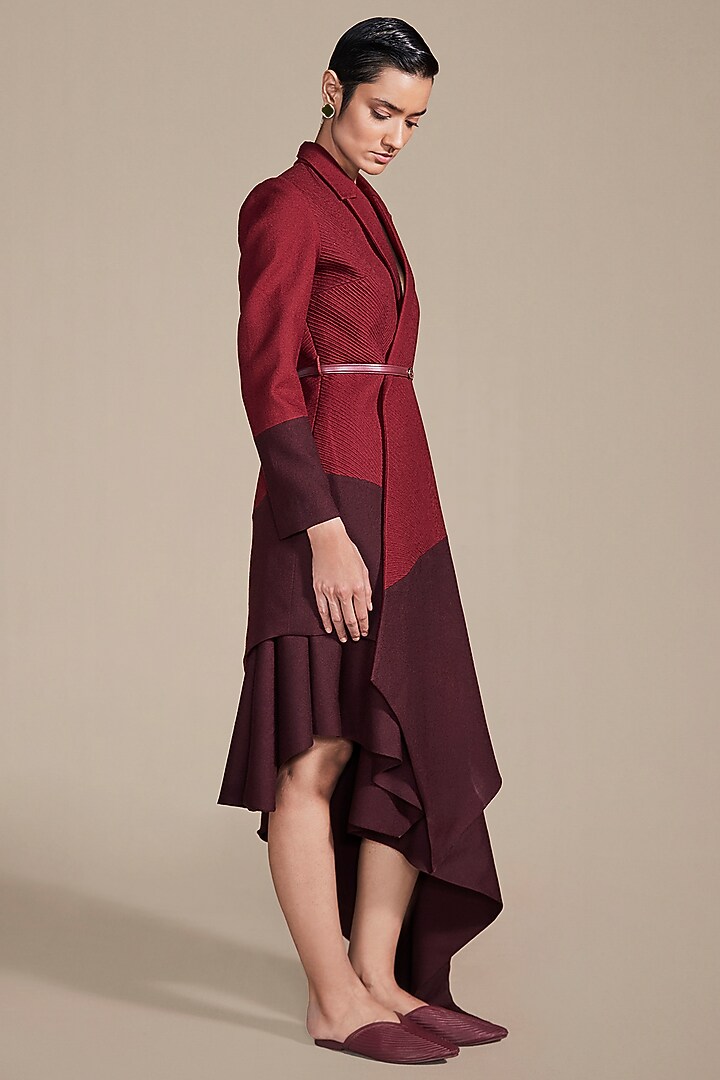 Maroon Woolen Embossed Embroidered Jacket Set by AMPM at Pernia's Pop Up Shop