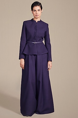 Deep Purple Pure Wool Embossed Embroidered Jacket Set by AMPM