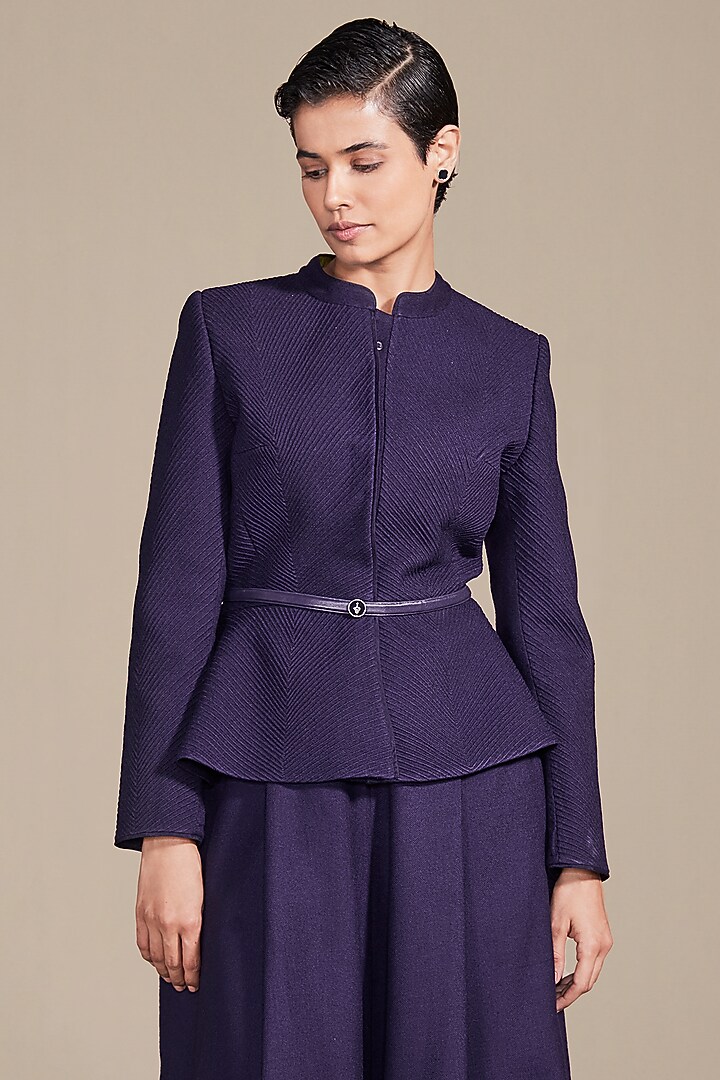 Deep Purple Pure Wool Embossed Embroidered Jacket Set by AMPM at Pernia's Pop Up Shop