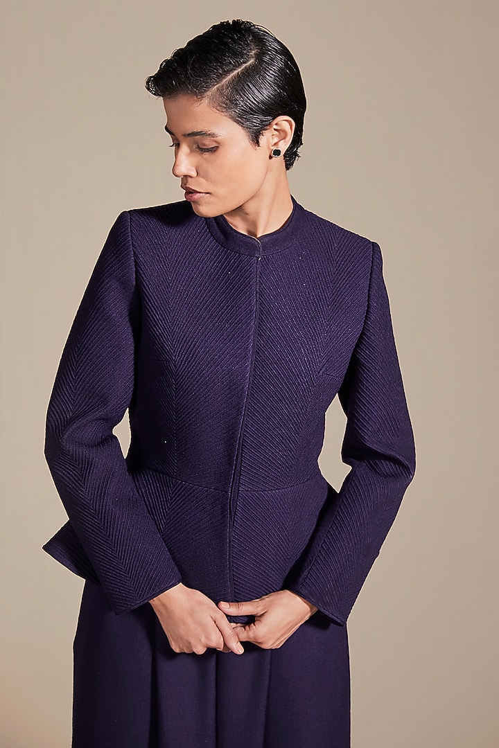 Deep Purple Pure Wool Embossed Embroidered Jacket Set by AMPM at Pernia's Pop Up Shop