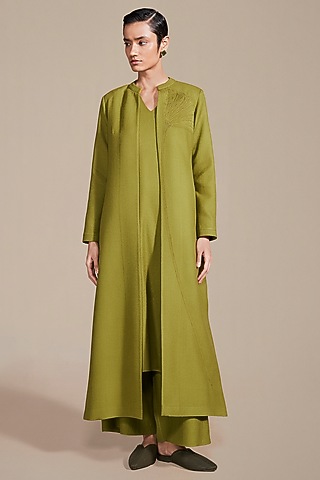 Leaf Green Woolen Embossed Embroidered Jacket Set by AMPM