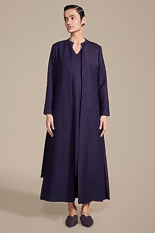 Deep Purple Woolen Embossed Embroidered Jacket Set by AMPM