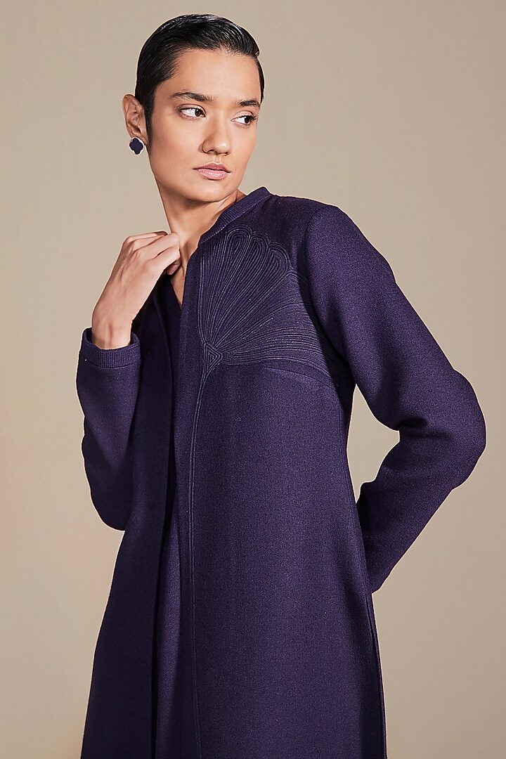 Deep Purple Woolen Embossed Embroidered Jacket Set by AMPM at Pernia's Pop Up Shop