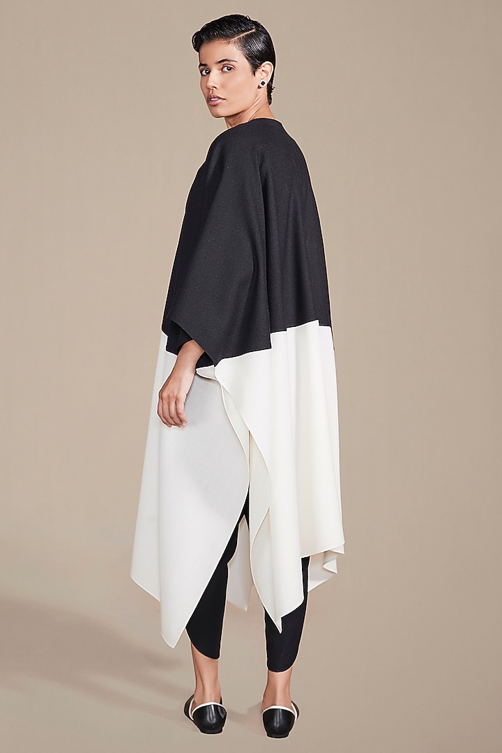 Black & Ivory Woolen Rib Texture Embroidered Cape Set by AMPM at Pernia's Pop Up Shop
