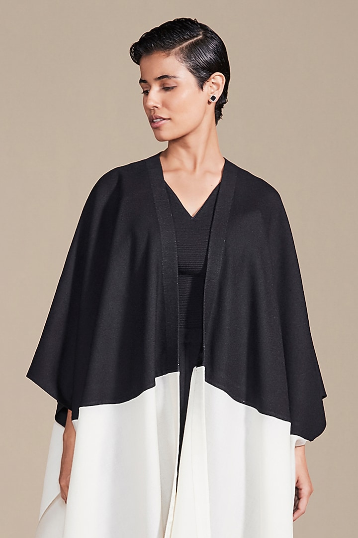 Black & Ivory Woolen Rib Texture Embroidered Cape Set by AMPM at Pernia's Pop Up Shop