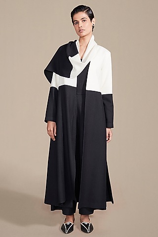 Black & Ivory Woolen Texture Embroidered Jacket Set by AMPM