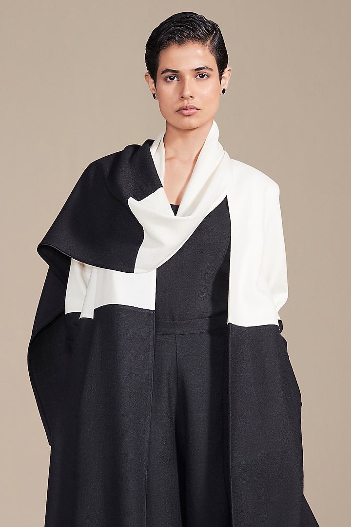Black & Ivory Woolen Texture Embroidered Jacket Set by AMPM at Pernia's Pop Up Shop