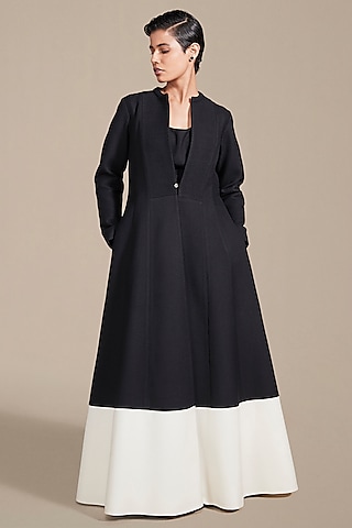 Black & Ivory Woolen Cord Embroidered Jacket Set by AMPM